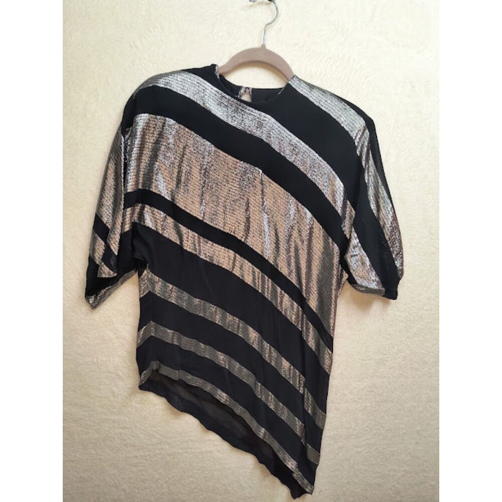 Vintage 80s Prophecy Metallic Silver Asymmetrical Dolman Sleeve Blouse Top Sz 10